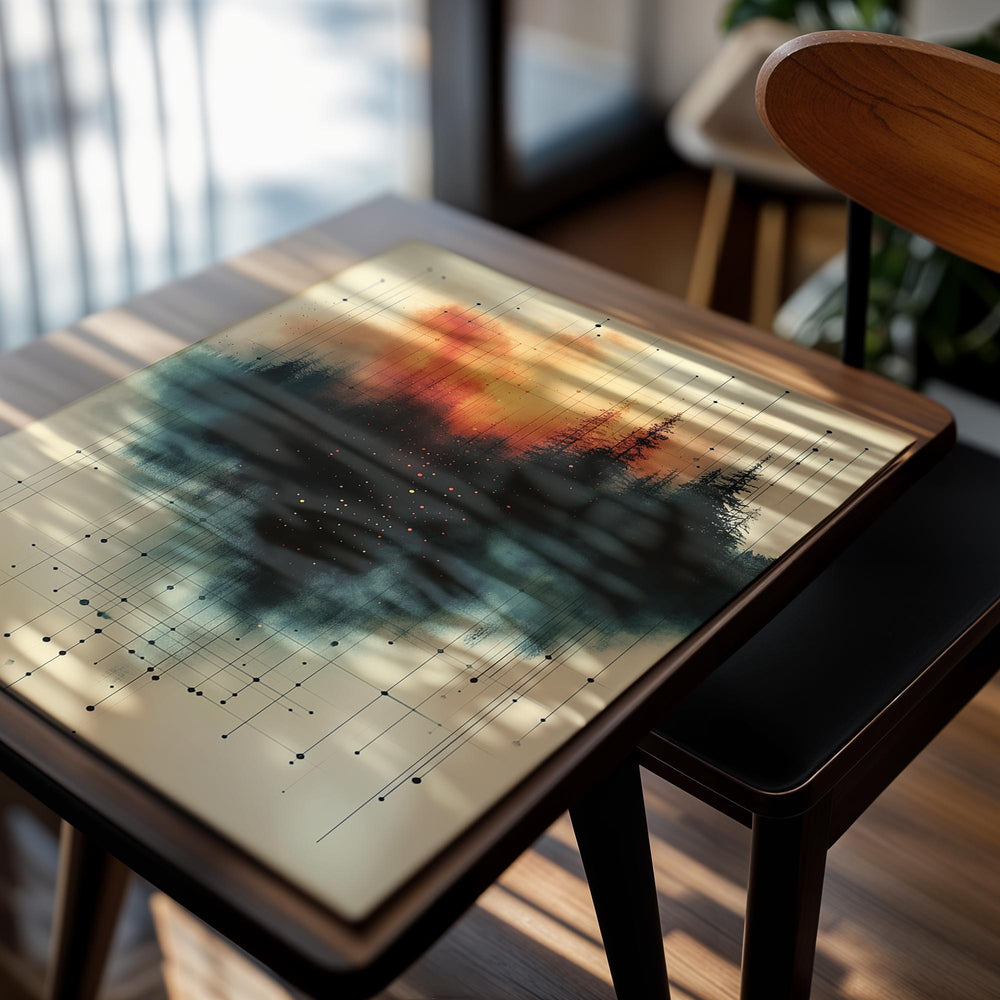 Artistic depiction of trees with a grid overlay on a beige background, as a premium aluminum metal print from GoMetalPrint.
