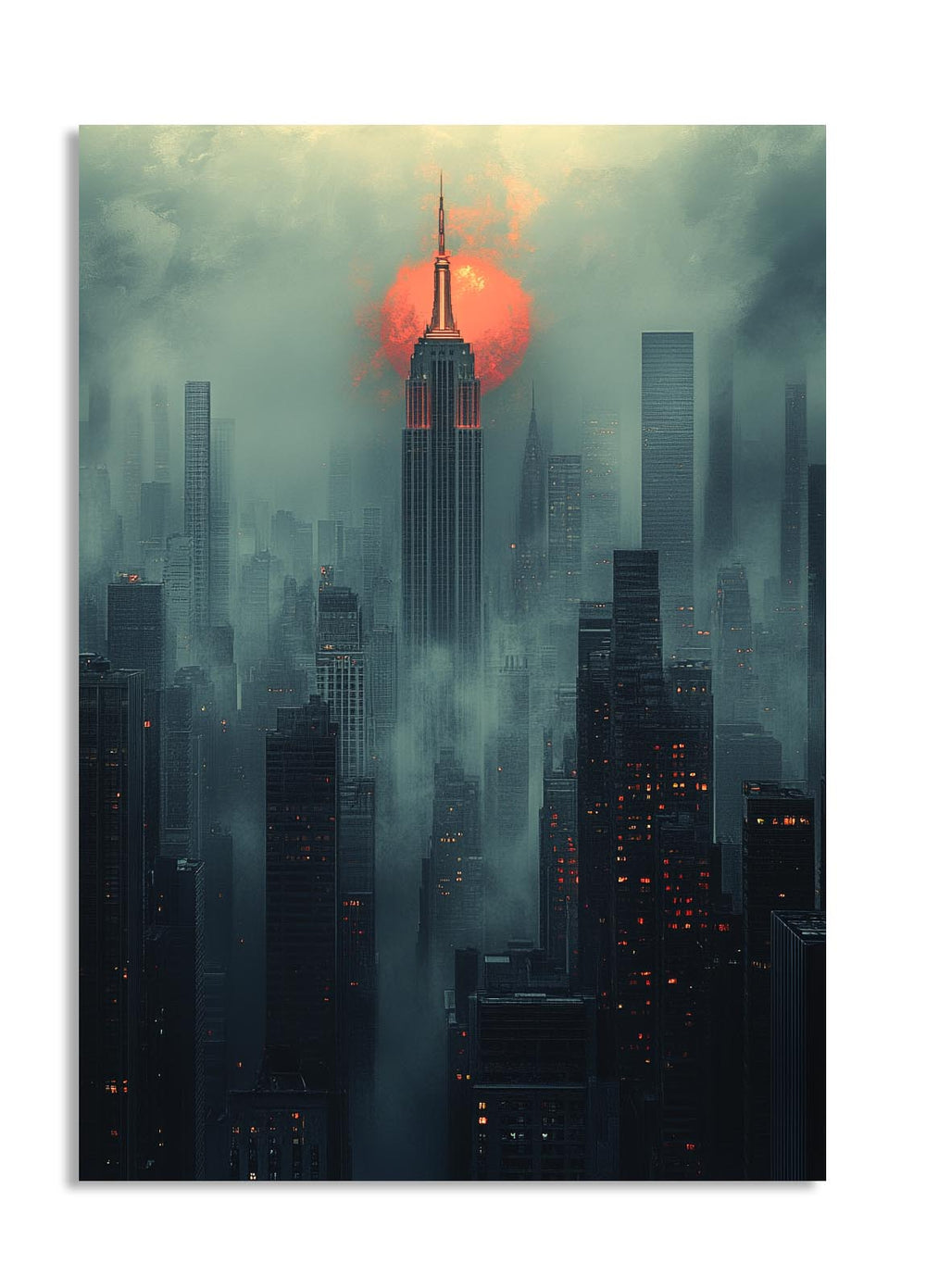 Cityscape with a tall building under a red sun amidst foggy conditions, as a premium aluminum metal print from GoMetalPrint.
