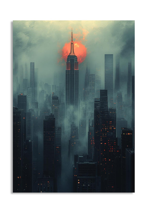 Cityscape with a tall building under a red sun amidst foggy conditions, as a premium aluminum metal print from GoMetalPrint.

