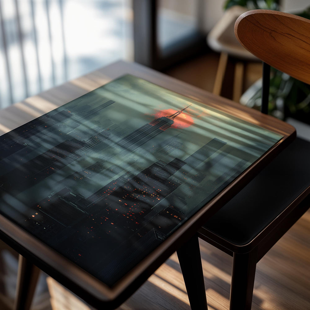 Cityscape with a tall building under a red sun amidst foggy conditions, as a premium aluminum metal print from GoMetalPrint.
