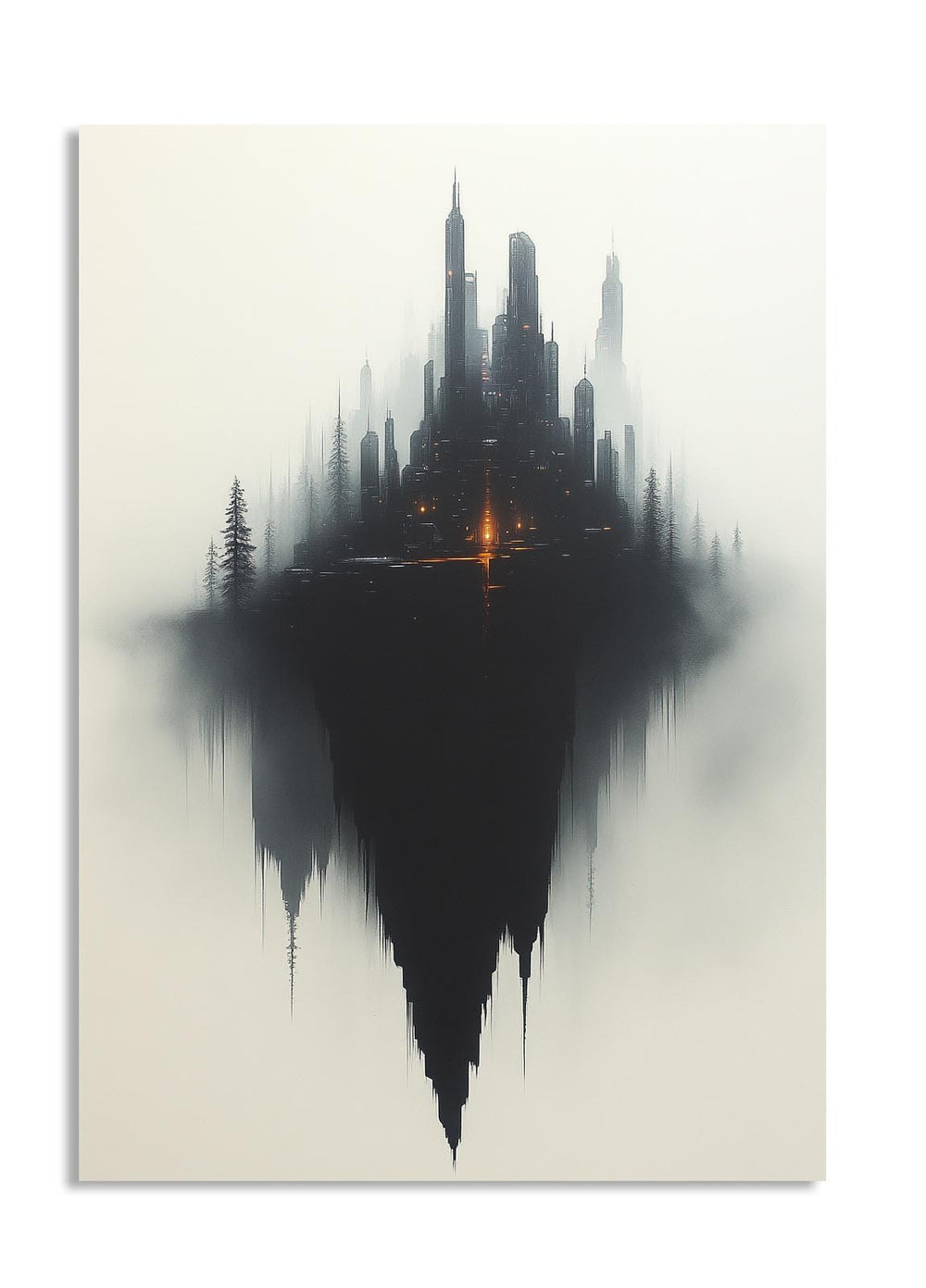 Futuristic cityscape with tall buildings on a light background, as a premium aluminum metal print from GoMetalPrint.
