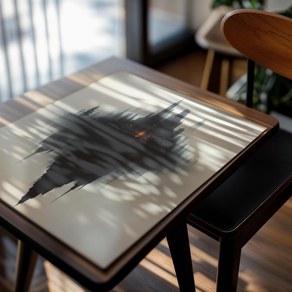 Futuristic cityscape with tall buildings on a light background, as a premium aluminum metal print from GoMetalPrint.
