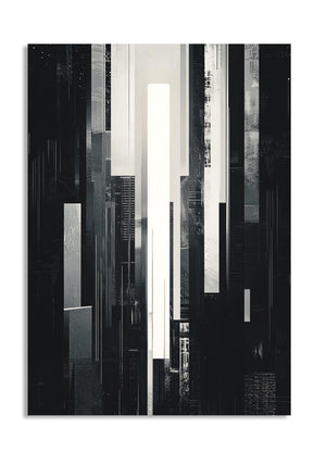 Abstract black and white artwork with vertical lines on a white background, as a premium aluminum metal print from GoMetalPrint.
