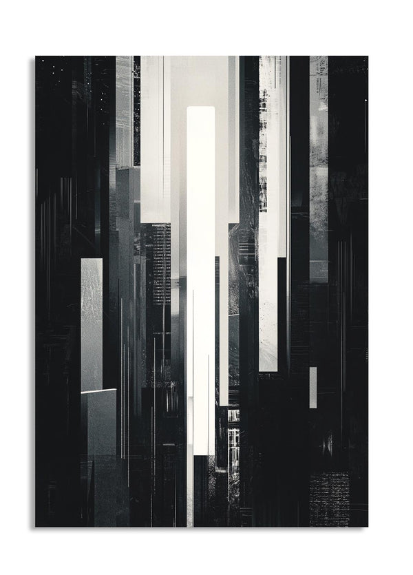 Abstract black and white artwork with vertical lines on a white background, as a premium aluminum metal print from GoMetalPrint.
