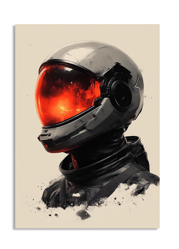 Space helmet with red visor on a beige background, as a premium aluminum metal print from GoMetalPrint.
