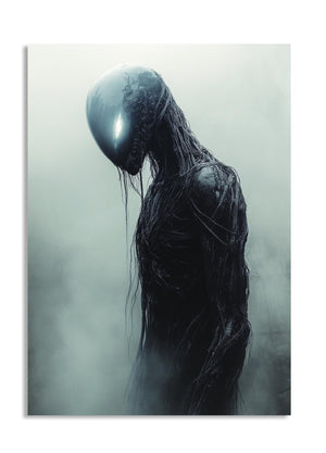 Alien-like creature with a shiny helmet on a foggy background, as a premium aluminum metal print from GoMetalPrint.
