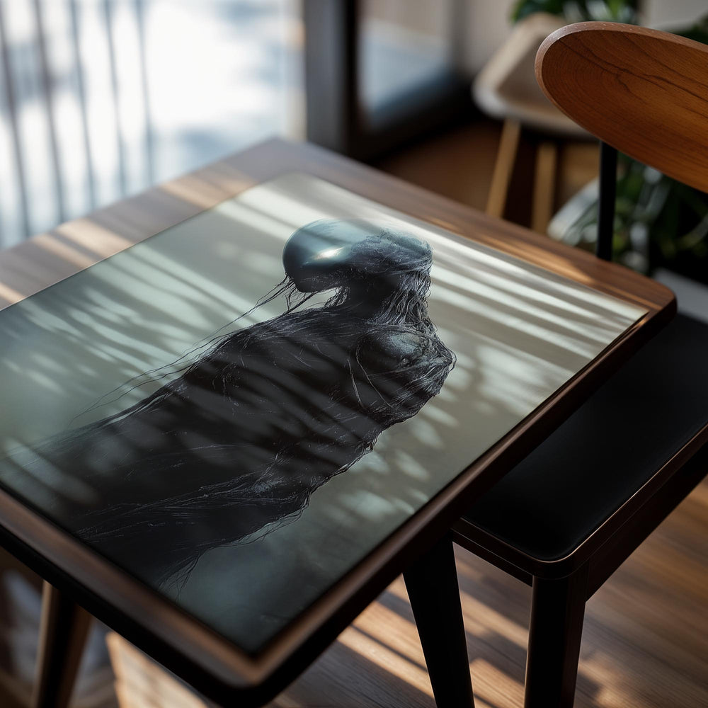 Alien-like creature with a shiny helmet on a foggy background, as a premium aluminum metal print from GoMetalPrint.
