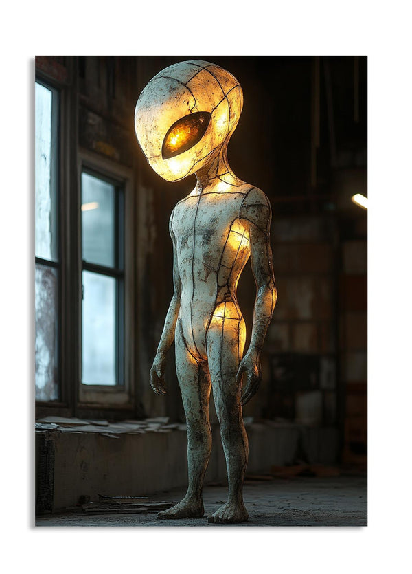 Alien figure with glowing eyes and lights in a dark, industrial setting, as a premium aluminum metal print from GoMetalPrint.
