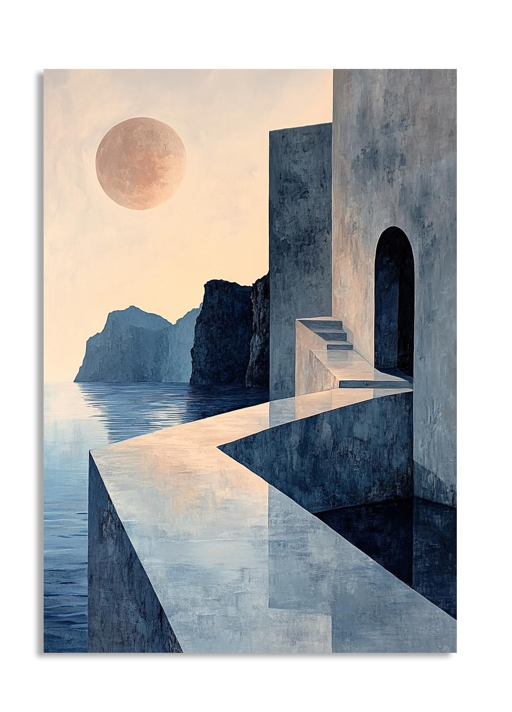 Artistic depiction of a coastal scene with geometric architecture and a large moon , as a premium aluminum metal print from GoMetalPrint.
