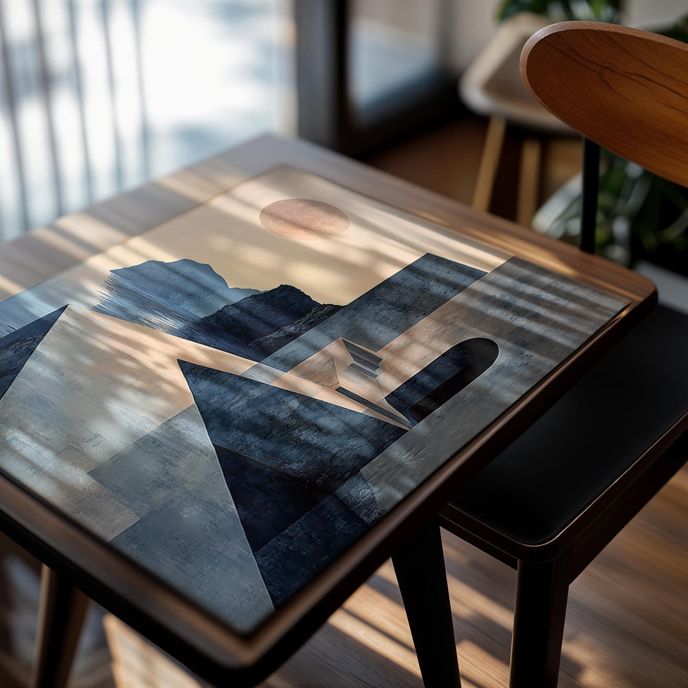 Artistic depiction of a coastal scene with geometric architecture and a large moon , as a premium aluminum metal print from GoMetalPrint.
