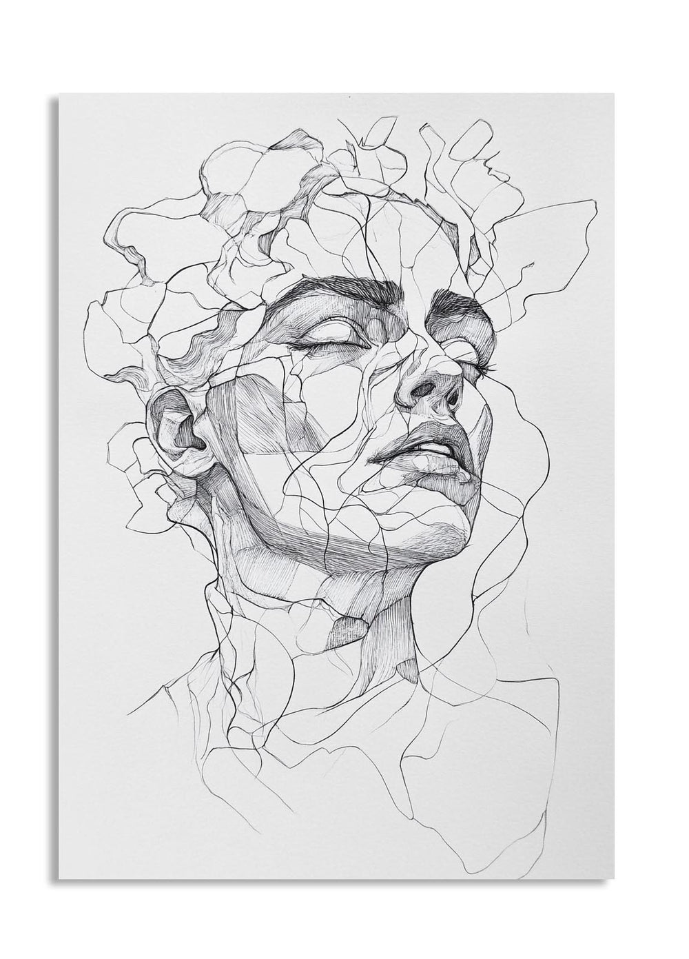 Black and white line art of a face with abstract floral elements on a white background, as a premium aluminum metal print from GoMetalPrint.
