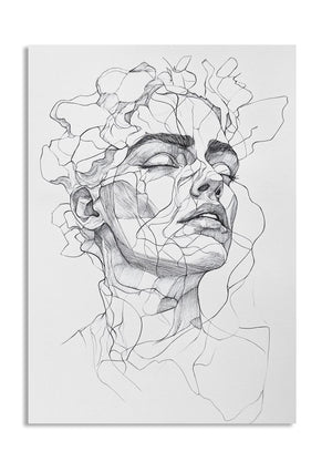Black and white line art of a face with abstract floral elements on a white background, as a premium aluminum metal print from GoMetalPrint.
