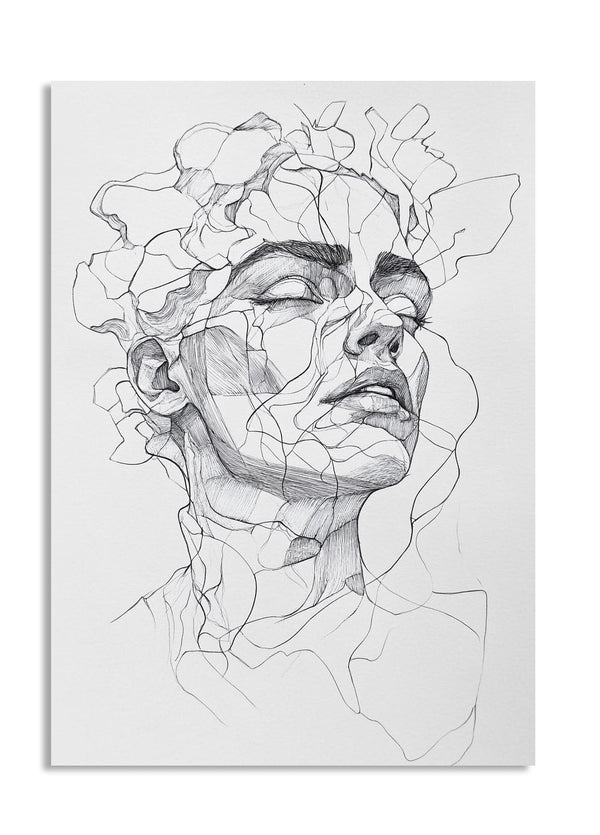 Black and white line art of a face with abstract floral elements on a white background, as a premium aluminum metal print from GoMetalPrint.
