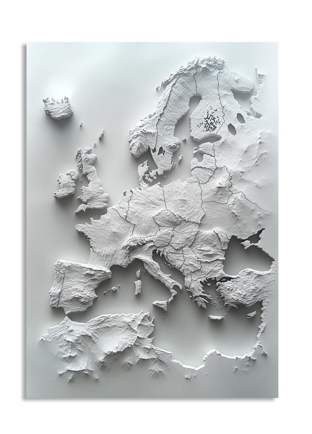 3D map of Europe on a white background, as a premium aluminum metal print from GoMetalPrint.
