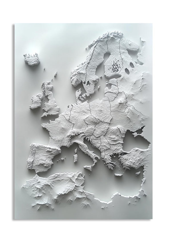 3D map of Europe on a white background, as a premium aluminum metal print from GoMetalPrint.
