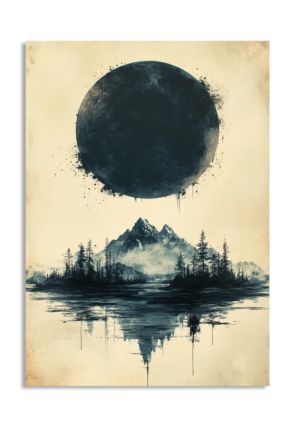 Artistic depiction of a mountain landscape with a large moon-like circle above it on a textured beige background, as a premium aluminum metal print from GoMetalPrint.

