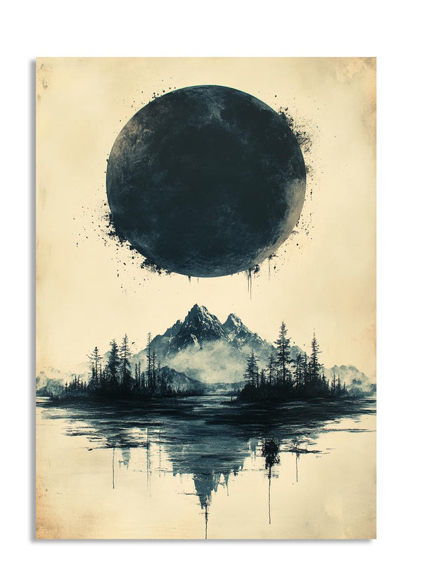 Artistic depiction of a mountain landscape with a large moon-like circle above it on a textured beige background, as a premium aluminum metal print from GoMetalPrint.
