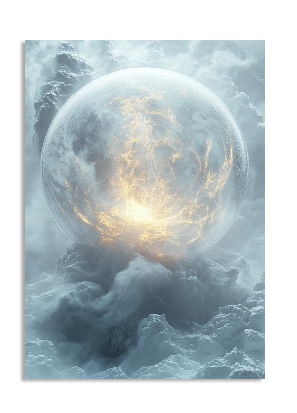Mystical scene with a glowing orb amidst swirling clouds, as a premium aluminum metal print from GoMetalPrint.
