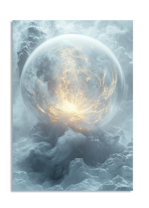 Mystical scene with a glowing orb amidst swirling clouds, as a premium aluminum metal print from GoMetalPrint.
