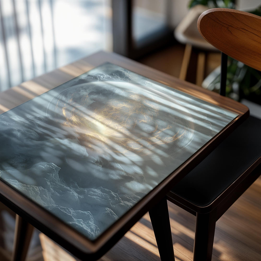 Mystical scene with a glowing orb amidst swirling clouds, as a premium aluminum metal print from GoMetalPrint.
