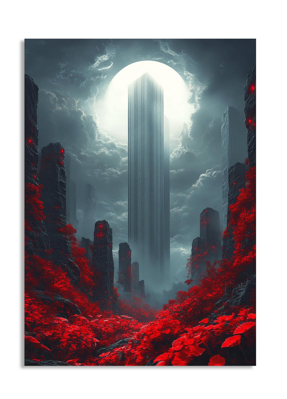 Futuristic cityscape with tall buildings emerging from a red, alien landscape under a bright light source, as a premium aluminum metal print from GoMetalPrint.

