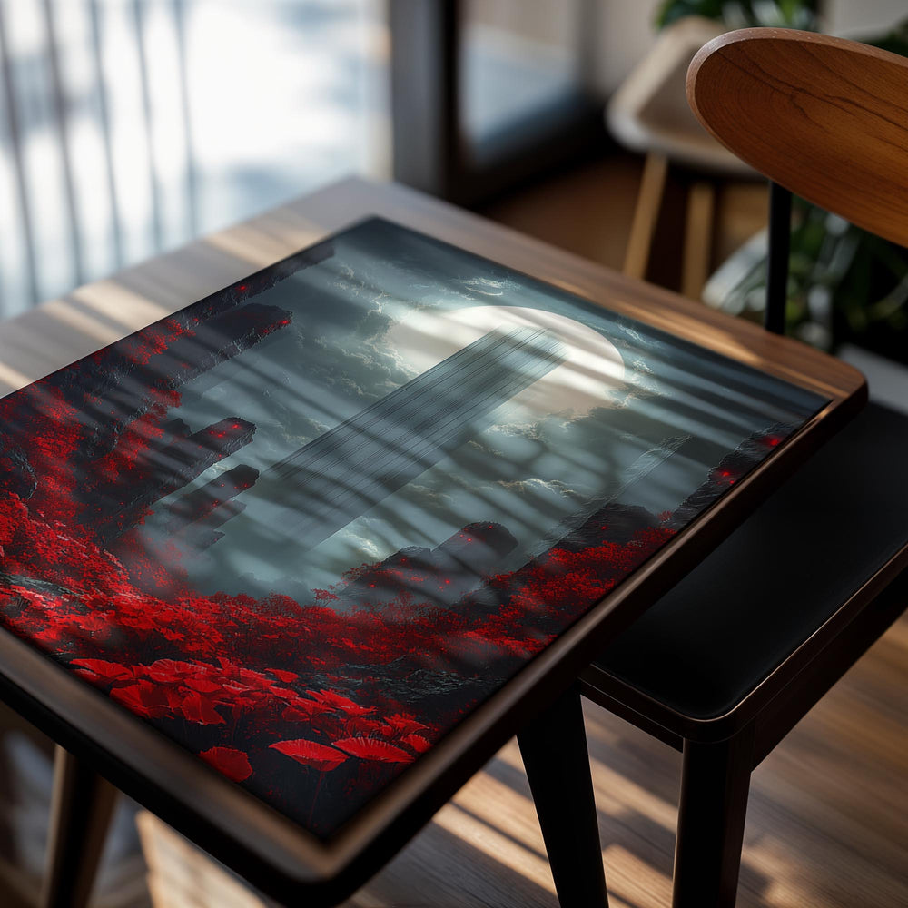 Futuristic cityscape with tall buildings emerging from a red, alien landscape under a bright light source, as a premium aluminum metal print from GoMetalPrint.
