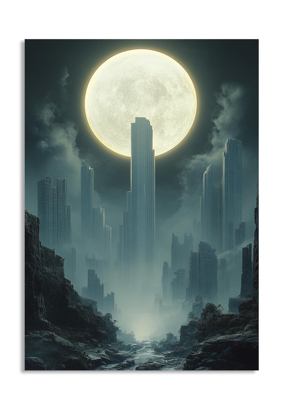 Futuristic cityscape with tall buildings under a large moon, as a premium aluminum metal print from GoMetalPrint.
