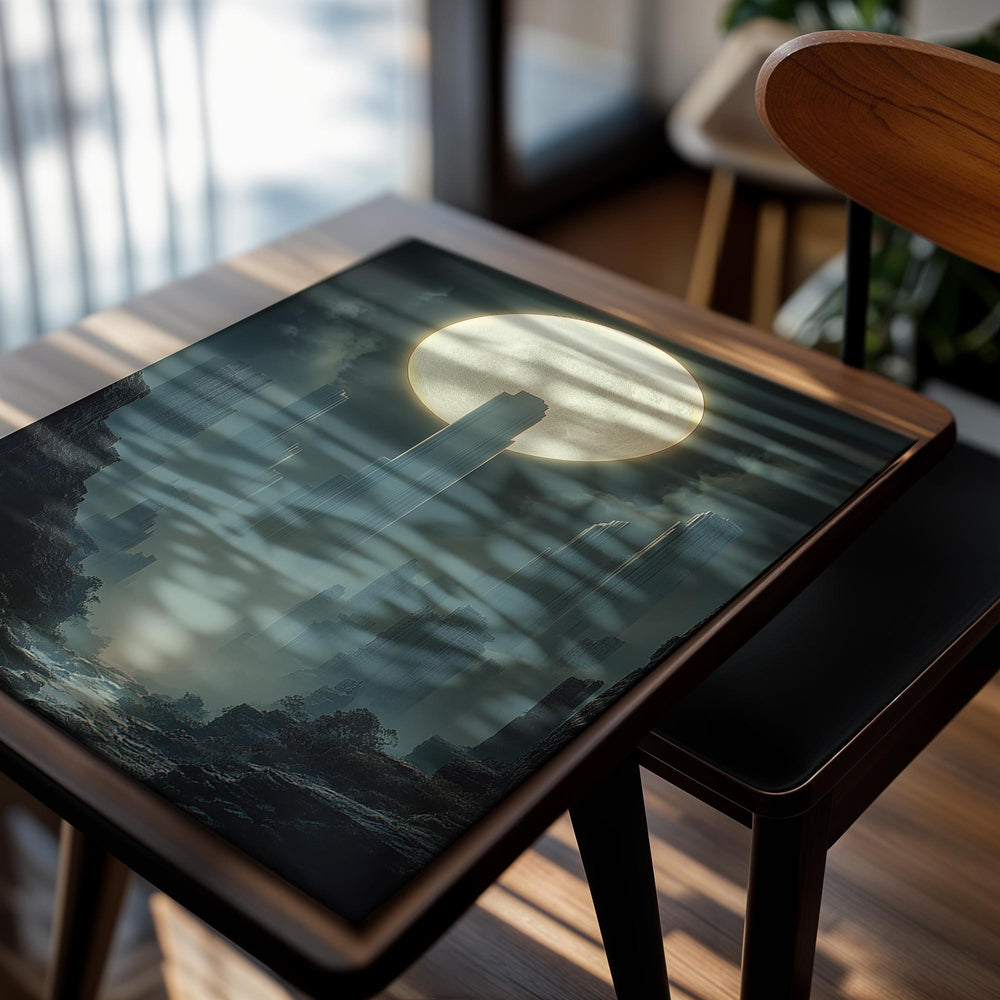 Futuristic cityscape with tall buildings under a large moon, as a premium aluminum metal print from GoMetalPrint.
