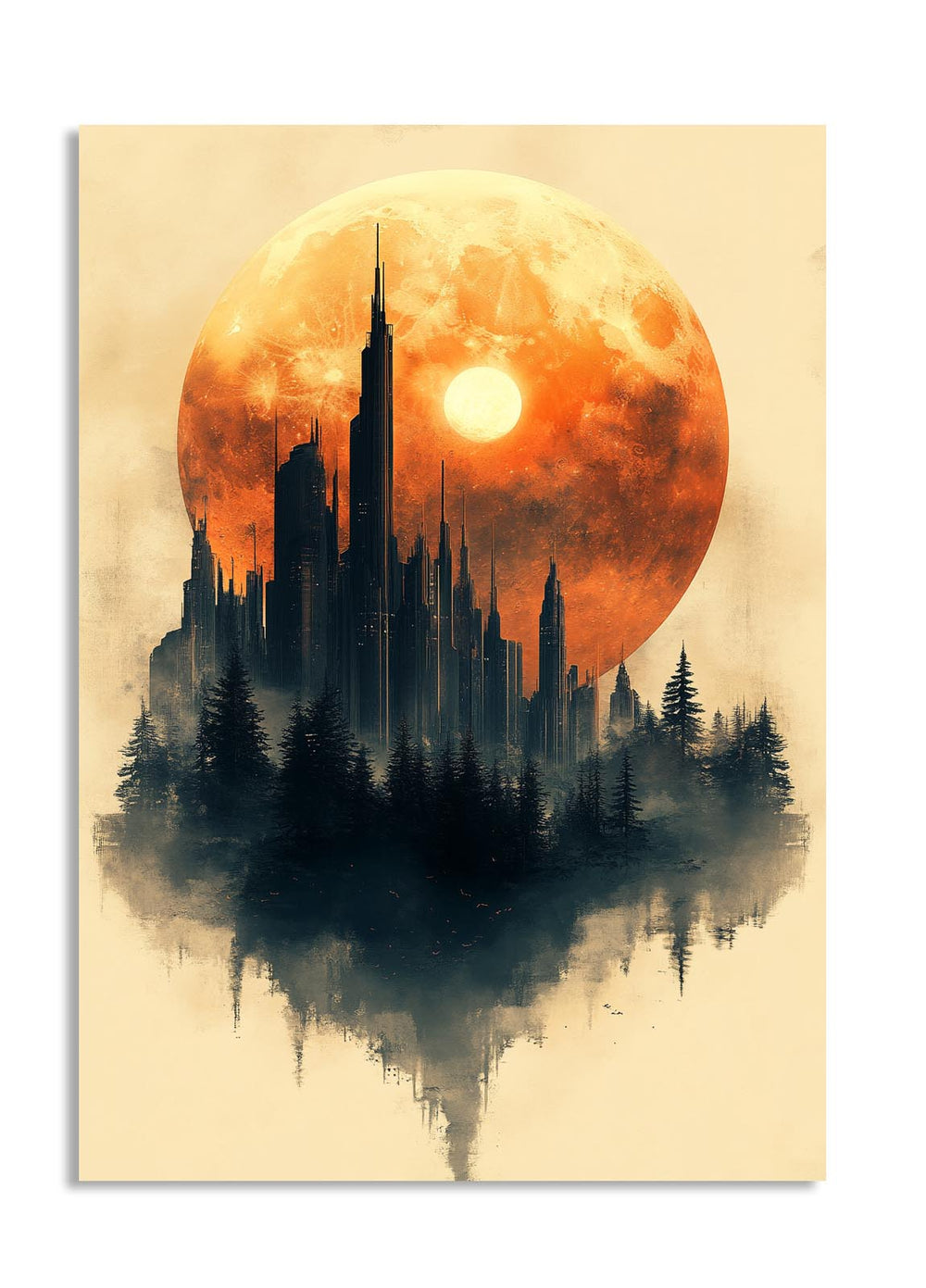 Futuristic cityscape with a large orange moon in the sky, as a premium aluminum metal print from GoMetalPrint.
