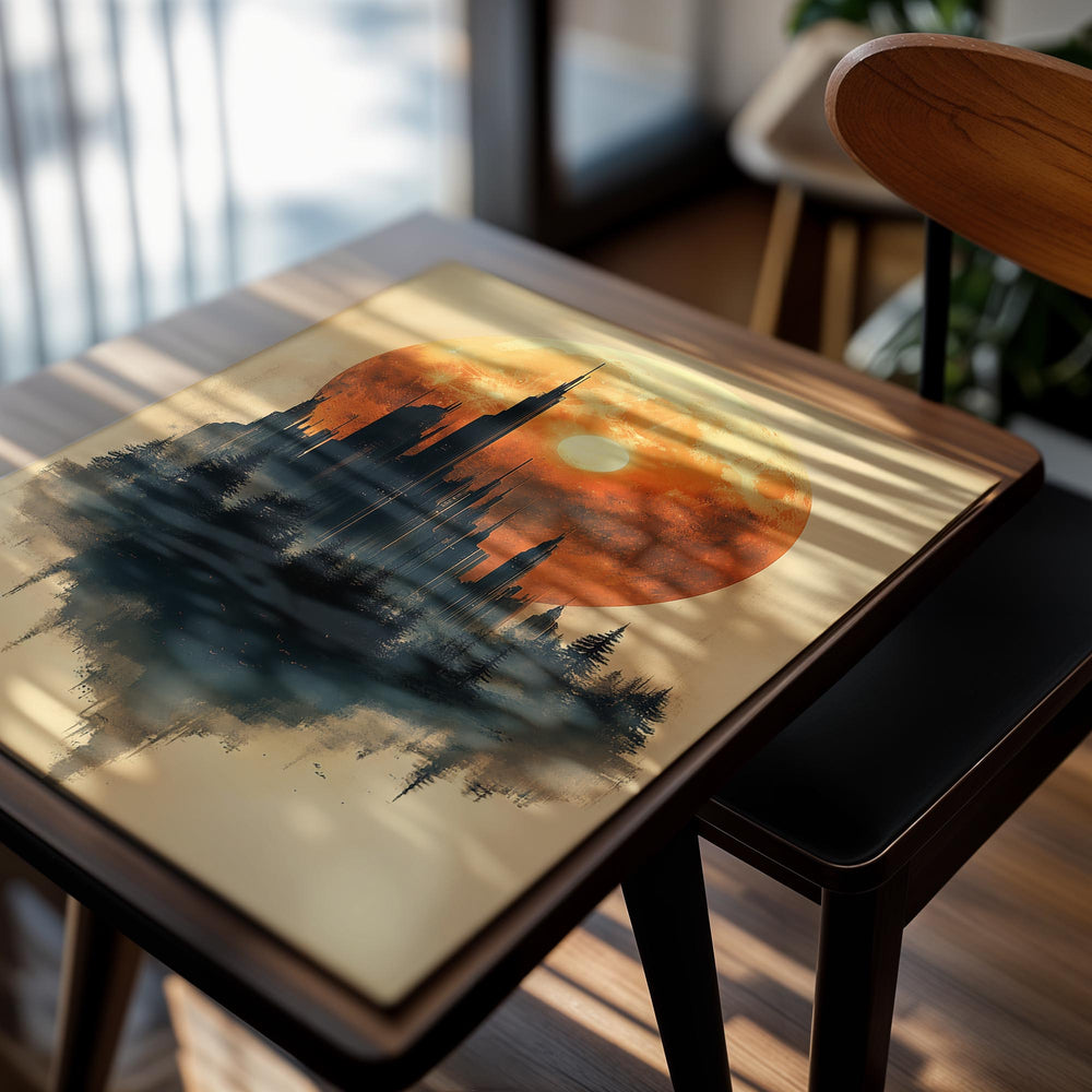 Futuristic cityscape with a large orange moon in the sky, as a premium aluminum metal print from GoMetalPrint.
