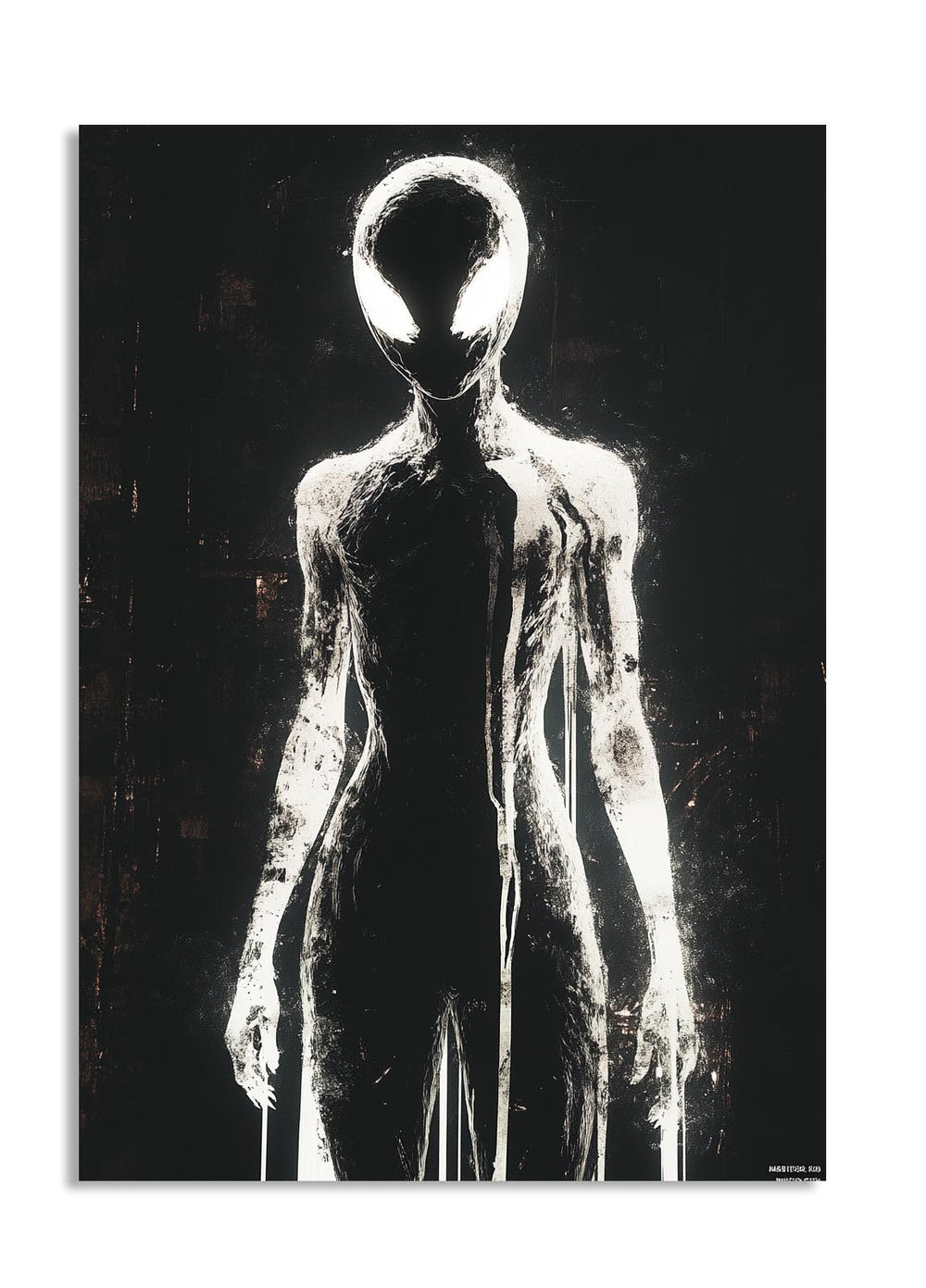 Stylized depiction of an alien figure on a black background, as a premium aluminum metal print from GoMetalPrint.
