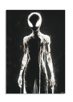 Stylized depiction of an alien figure on a black background, as a premium aluminum metal print from GoMetalPrint.
