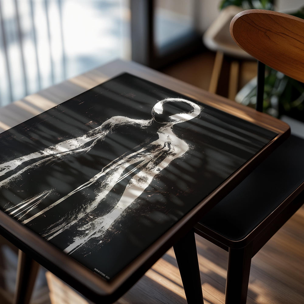 Stylized depiction of an alien figure on a black background, as a premium aluminum metal print from GoMetalPrint.
