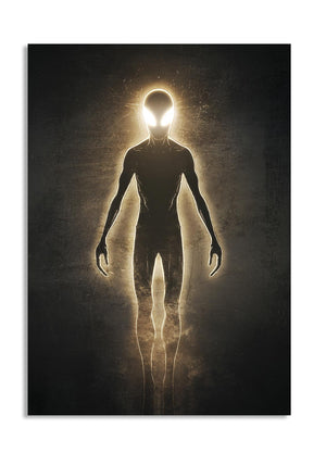 Silhouette of an alien figure with glowing eyes against a dark background, as a premium aluminum metal print from GoMetalPrint.
