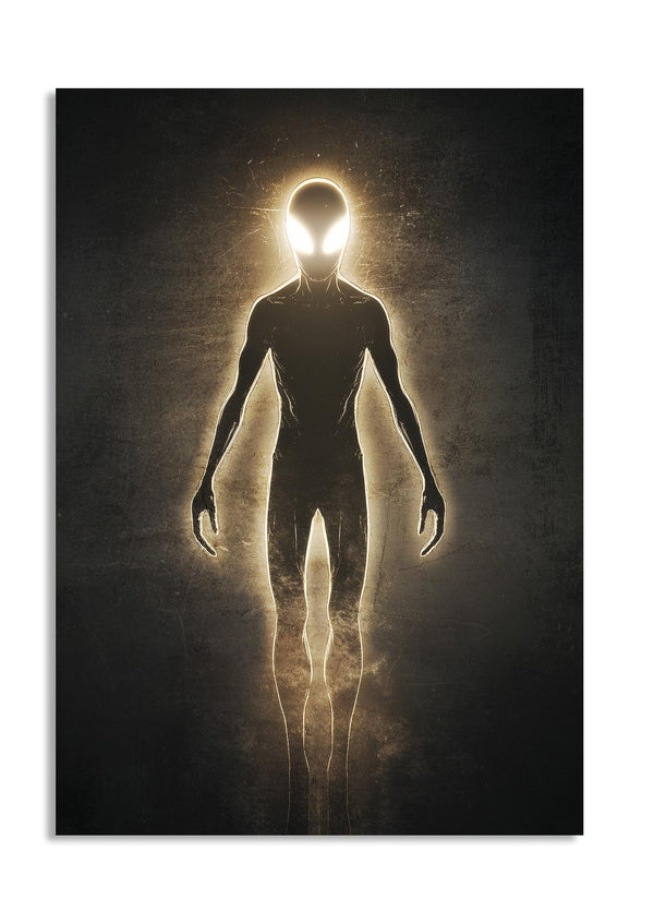 Silhouette of an alien figure with glowing eyes against a dark background, as a premium aluminum metal print from GoMetalPrint.
