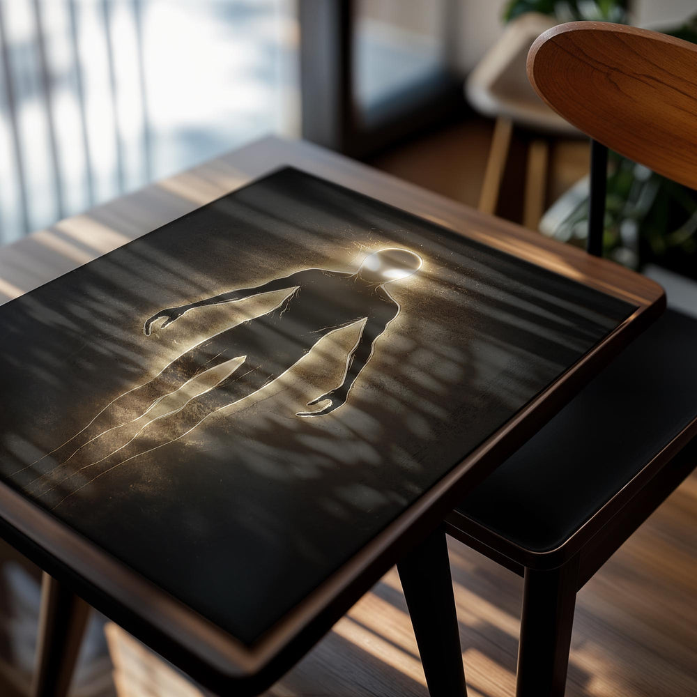 Silhouette of an alien figure with glowing eyes against a dark background, as a premium aluminum metal print from GoMetalPrint.
