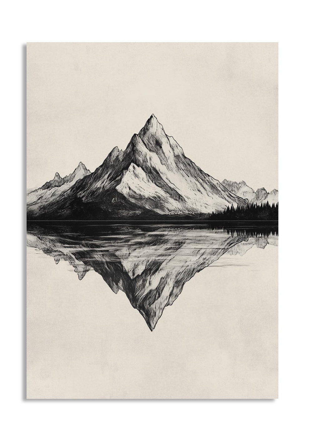 Black and white illustration of a mountain reflected in water on a beige background, as a premium aluminum metal print from GoMetalPrint.

