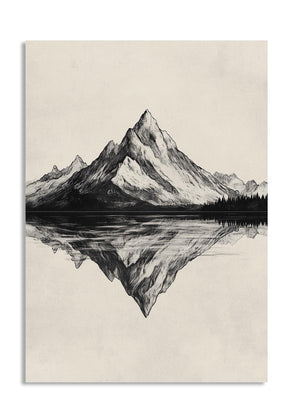 Black and white illustration of a mountain reflected in water on a beige background, as a premium aluminum metal print from GoMetalPrint.
