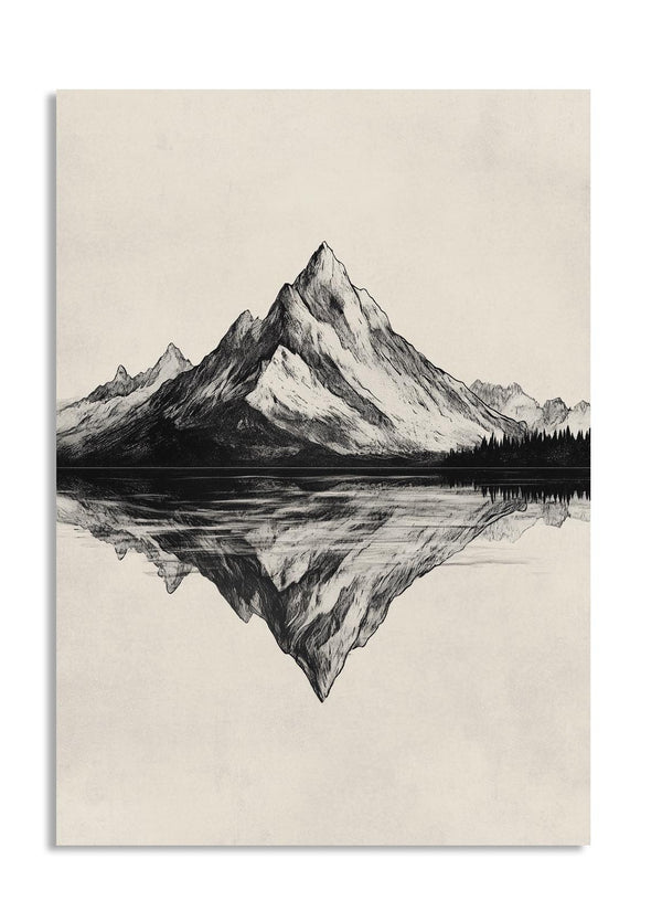 Black and white illustration of a mountain reflected in water on a beige background, as a premium aluminum metal print from GoMetalPrint.
