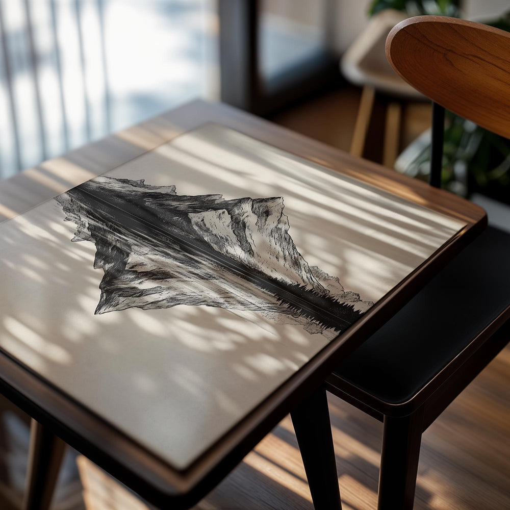 Black and white illustration of a mountain reflected in water on a beige background, as a premium aluminum metal print from GoMetalPrint.
