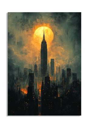 Cityscape with a prominent skyscraper under a large, glowing moon, as a premium aluminum metal print from GoMetalPrint.
