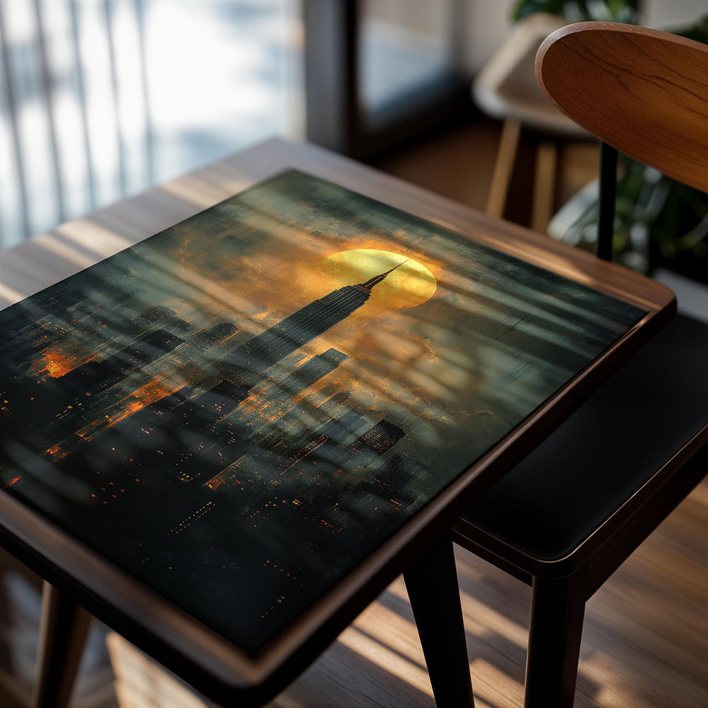 Cityscape with a prominent skyscraper under a large, glowing moon, as a premium aluminum metal print from GoMetalPrint.
