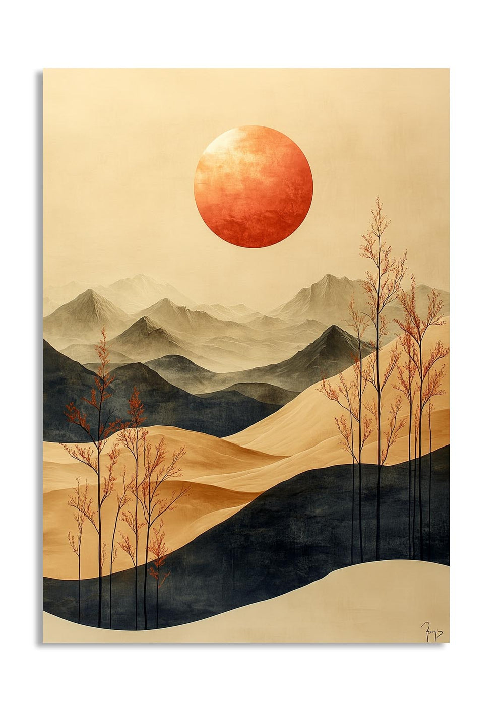 Artistic depiction of a desert landscape with mountains and a large red sun, as a premium aluminum metal print from GoMetalPrint.
