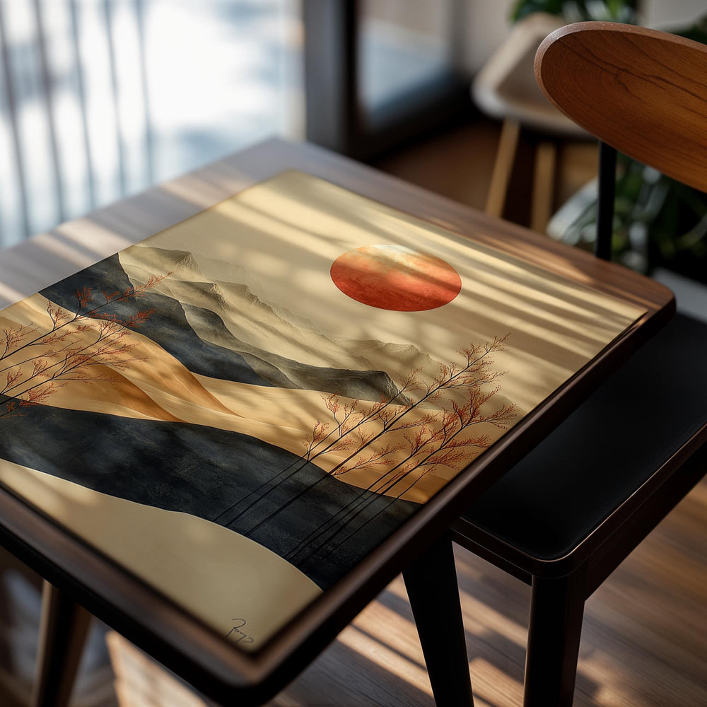 Artistic depiction of a desert landscape with mountains and a large red sun, as a premium aluminum metal print from GoMetalPrint.
