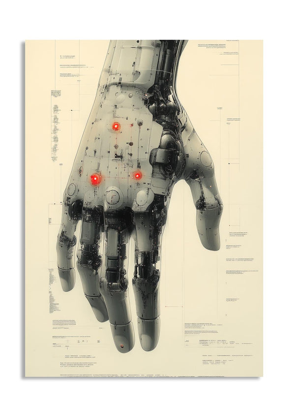 Mechanical hand with red lights on a technical diagram background, as a premium aluminum metal print from GoMetalPrint.
