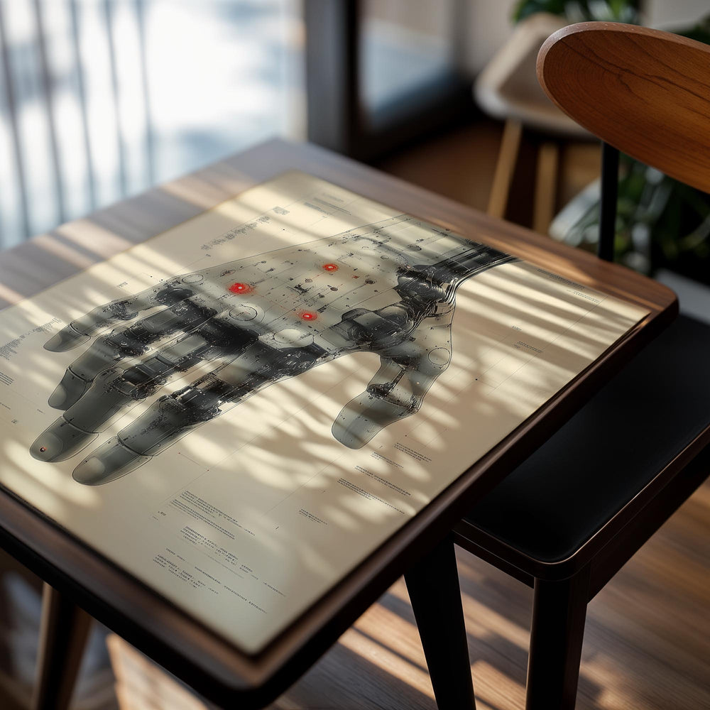 Mechanical hand with red lights on a technical diagram background, as a premium aluminum metal print from GoMetalPrint.
