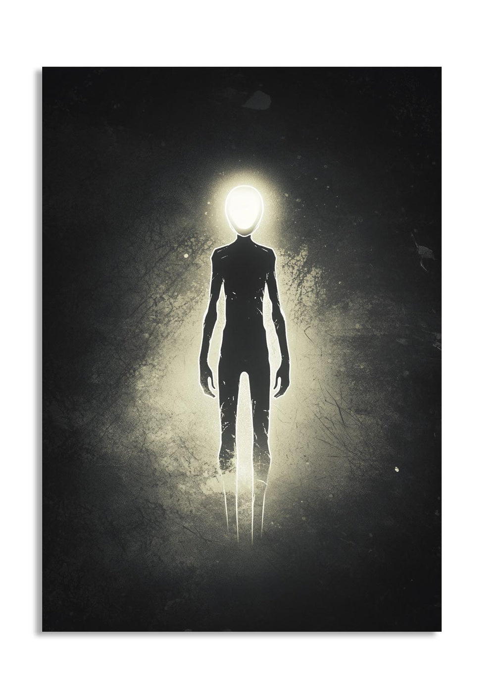 Silhouette of a humanoid figure with a light head on a dark background, as a premium aluminum metal print from GoMetalPrint.
