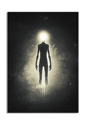 Silhouette of a humanoid figure with a light head on a dark background, as a premium aluminum metal print from GoMetalPrint.
