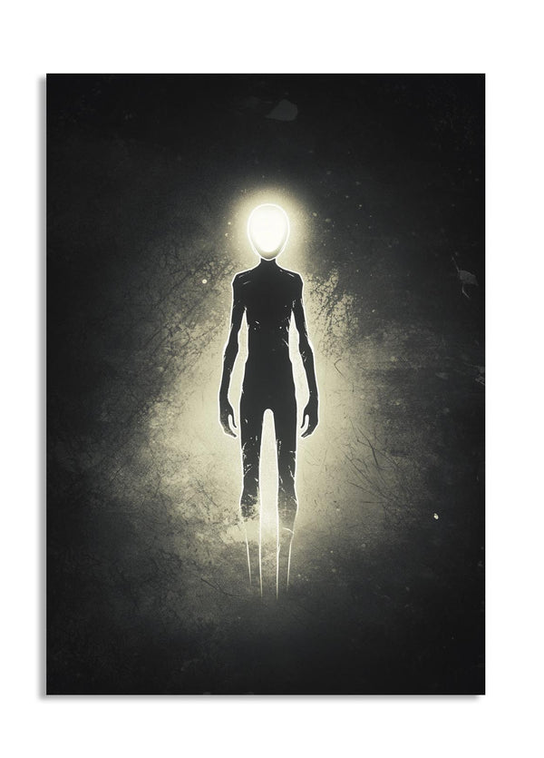Silhouette of a humanoid figure with a light head on a dark background, as a premium aluminum metal print from GoMetalPrint.
