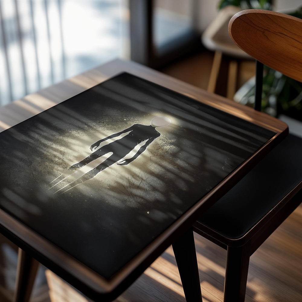 Silhouette of a humanoid figure with a light head on a dark background, as a premium aluminum metal print from GoMetalPrint.
